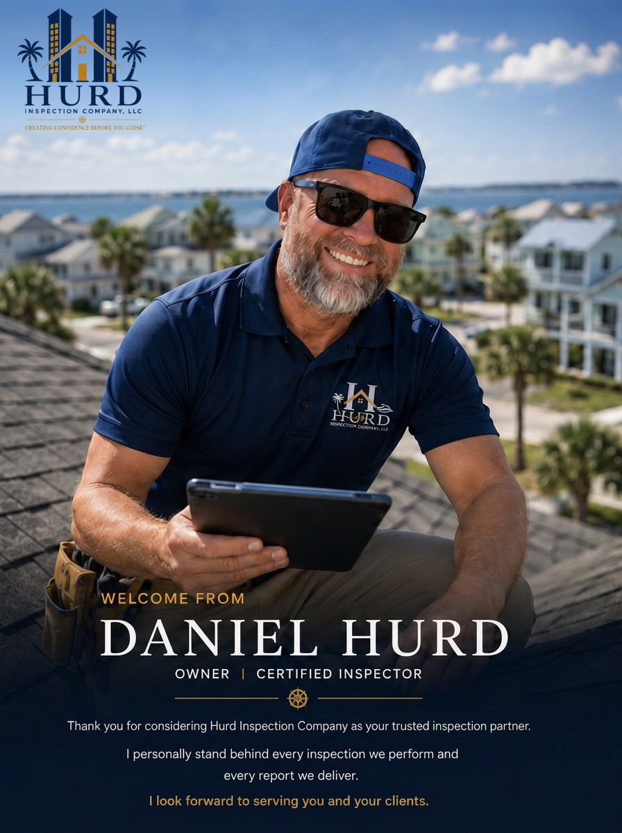 Daniel Hurd, Owner and Certified Inspector of Hurd Inspection Company, on a coastal Florida rooftop with a tablet