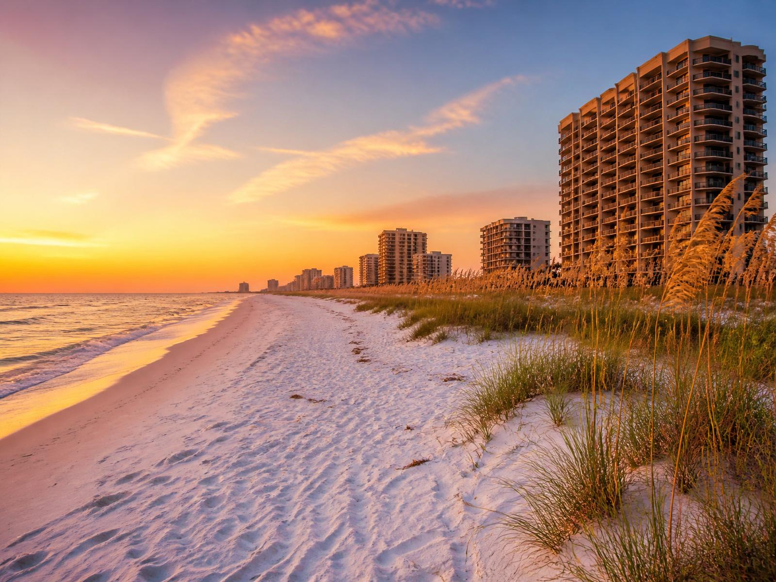 Gulf-front coastal home at sunset on Navarre Beach in Santa Rosa County, Florida