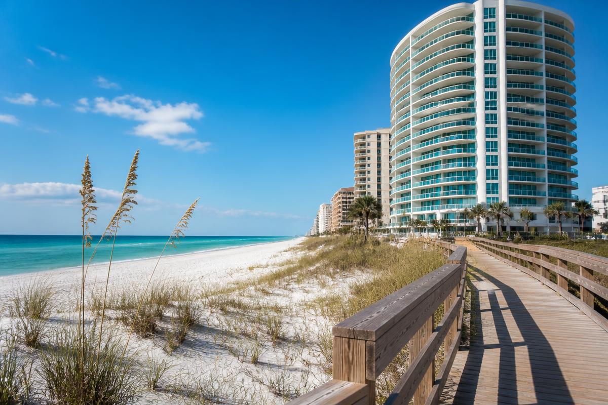 Beachfront condo tower and boardwalk on the Florida Panhandle