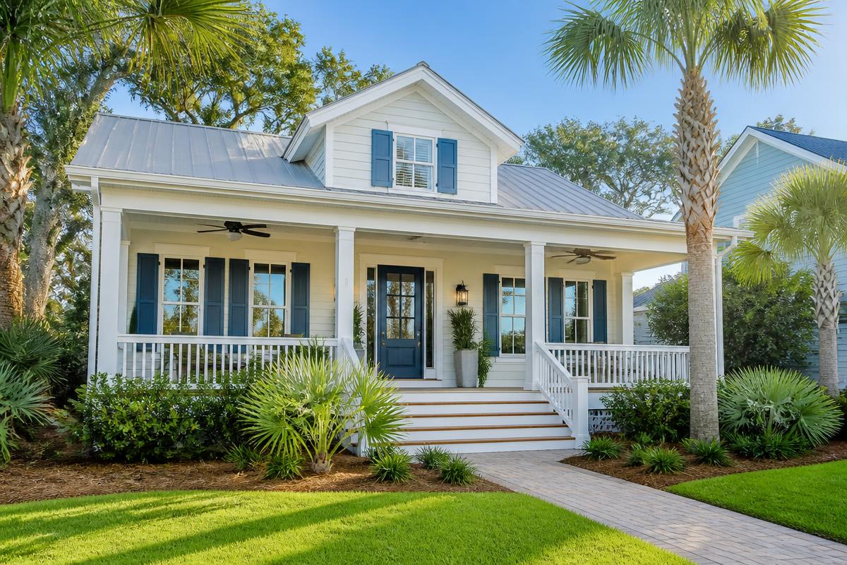 Coastal Florida cottage with blue shutters and a covered porch