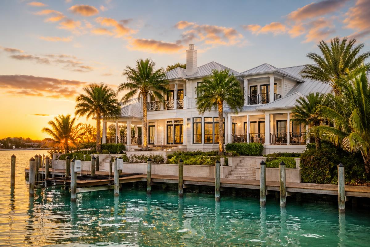 Luxury Gulf Coast waterfront estate at sunset