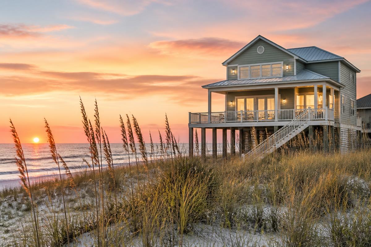 Elevated stilt beach house at sunrise on the dunes
