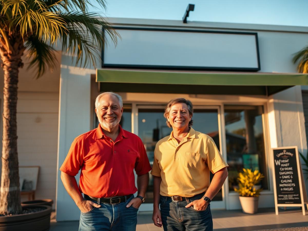 Two small-business owners standing outside their coastal Florida storefront