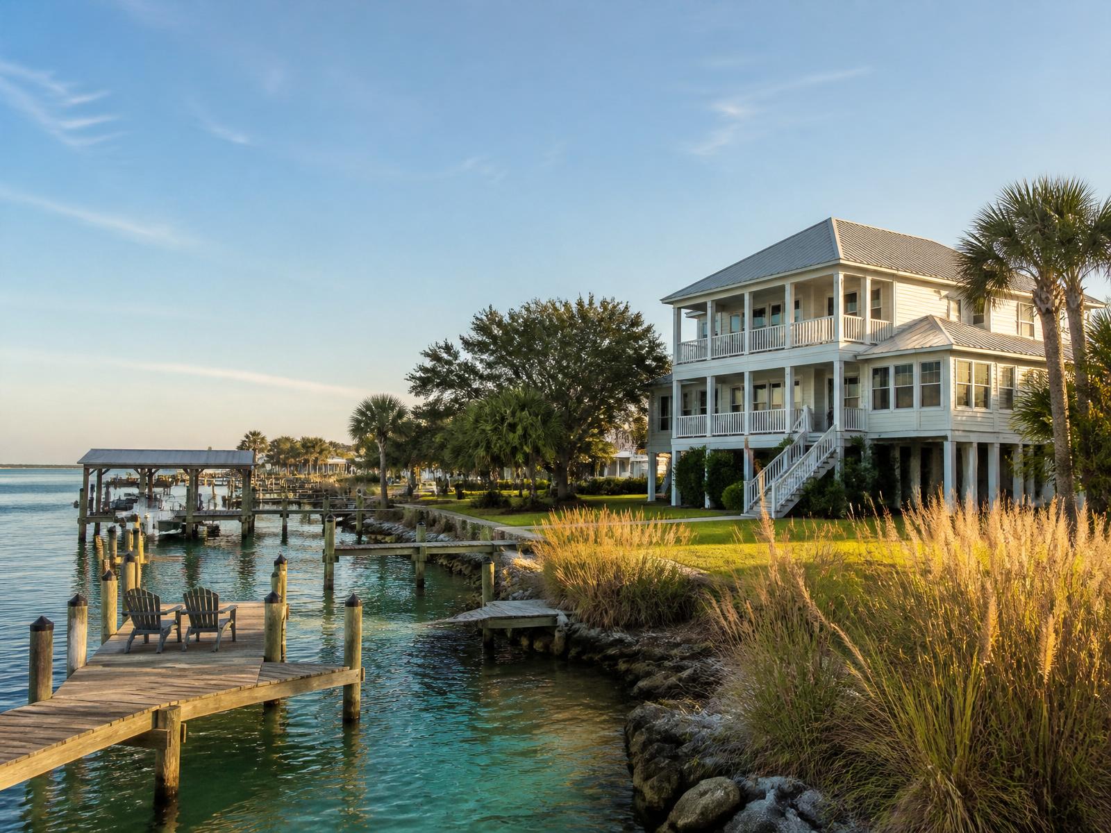 Sound-front raised coastal home with a wooden dock on the Santa Rosa Sound in Navarre, Santa Rosa County, Florida