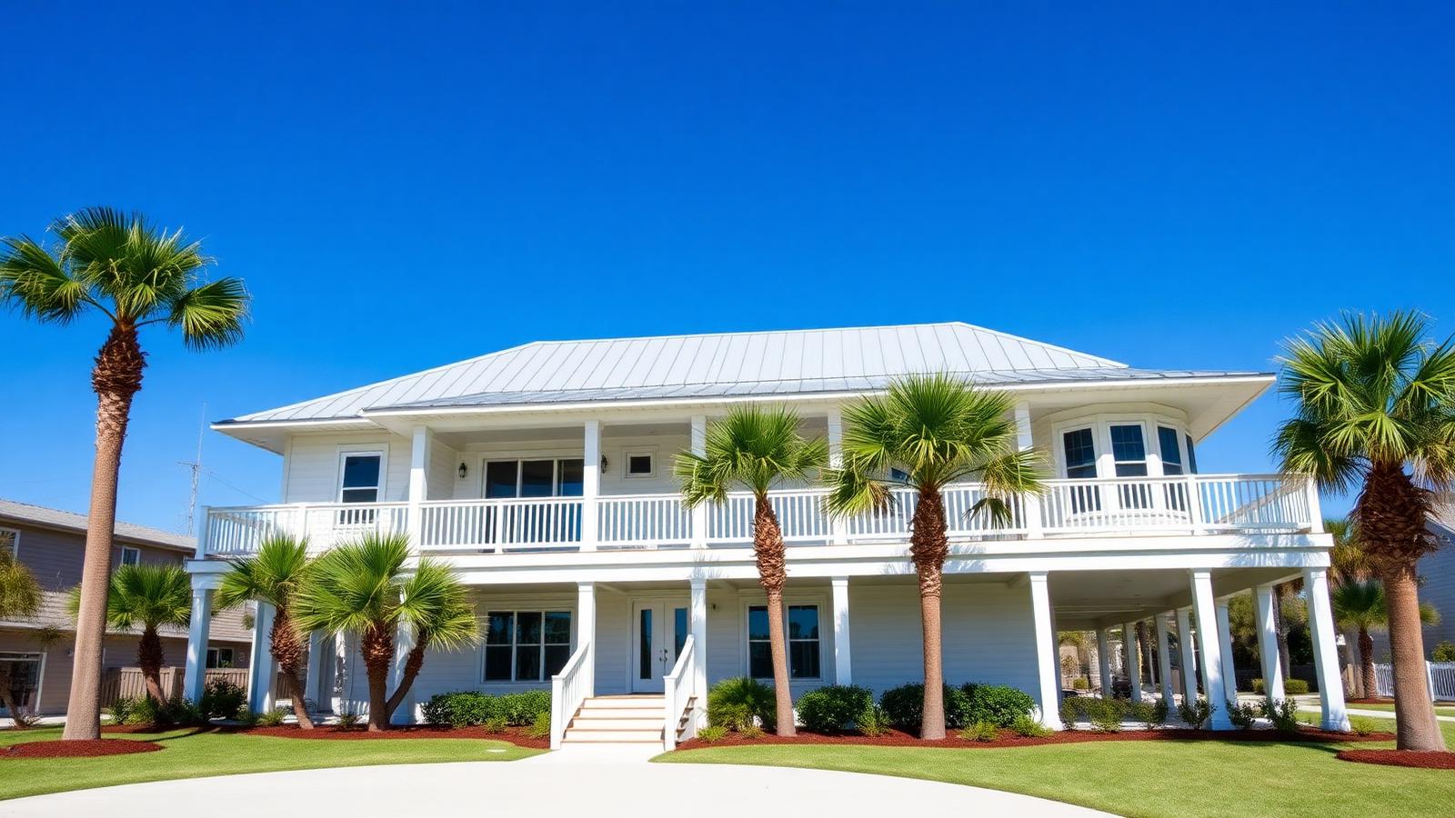 Raised coastal home framed by palms in Gulf Breeze, Santa Rosa County, Florida
