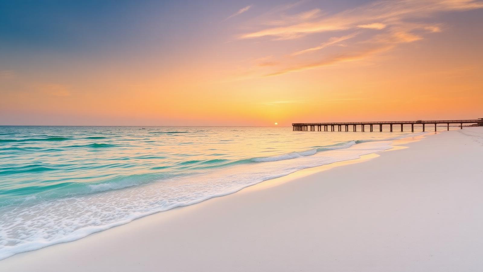 Sugar-white sand and calm Gulf water at Pensacola Beach in Escambia County, Florida