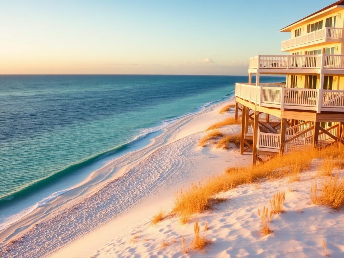 Elevated Gulf-front coastal home above sugar-white dunes at Perdido Key in Escambia County, Florida