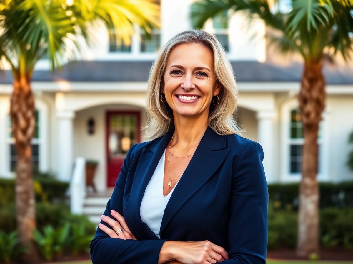 Local Gulf Coast real estate agent standing in front of a coastal Florida home