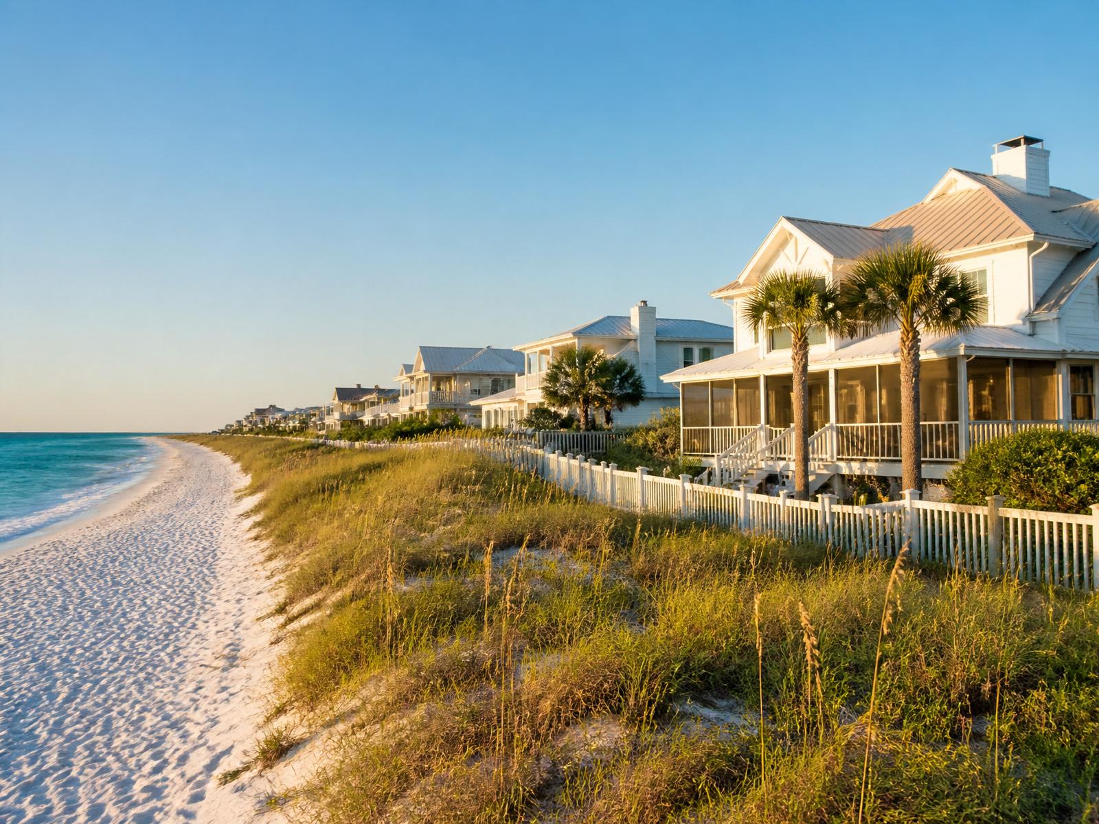 White coastal cottages with metal roofs and picket fences behind sea oats along Scenic Highway 30A in Walton County, Florida